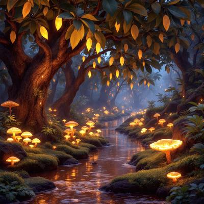 The primary subject of the image is a river flowing through a forest filled with trees and mushrooms. The setting is a lush, green environment with a waterway surrounded by trees and illuminated by glowing mushrooms. The visual style is a combination of photo and digital art, creating a surreal and magical atmosphere. The colors and mood are predominantly warm and inviting, with the glowing mushrooms adding a touch of whimsy to the scene.